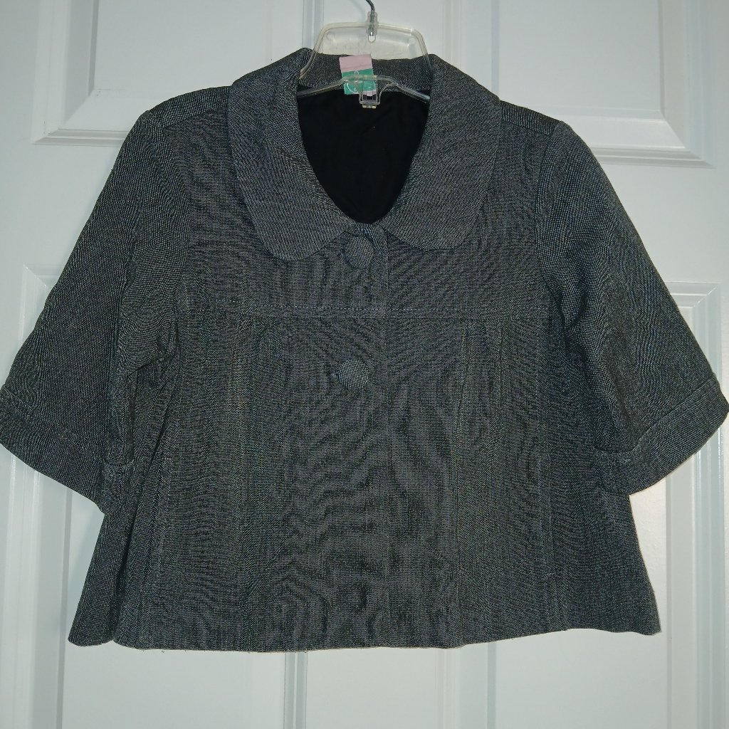 Vintage Gray Tweed Peter Pan Collar Cropped Peacoat Girls Baby Doll 3/4 Sleeves